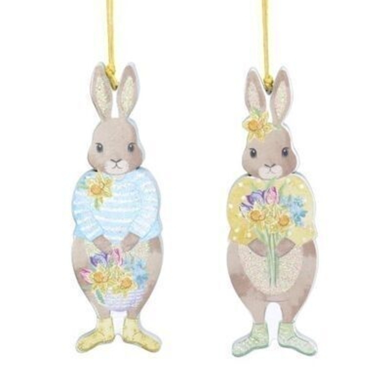 Wooden cut out Easter bunny hanging decorations in blue and yellow. The perfect addition to your home for Easter and Spring. 2 designs. By Gisela Graham.